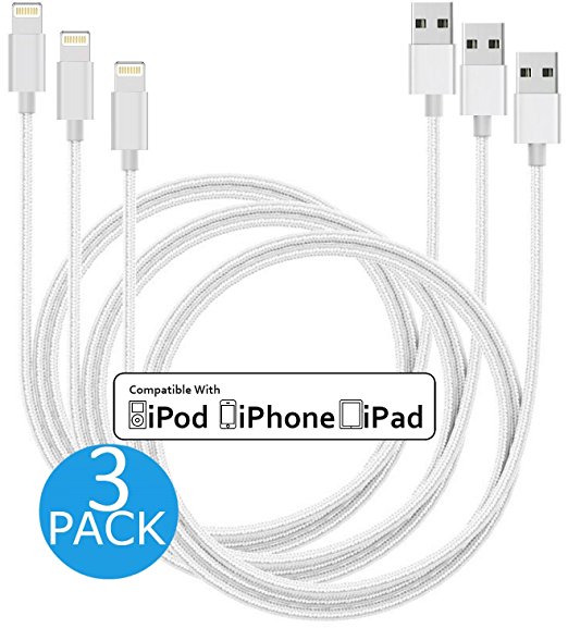 iPhone Cable, Certified Nylon Braided Lightning to USB High Speed [10 FEET / 3M] iPhone 8 Charger for Apple iPhone iPad iPod iOS11 (3 Pack) Silver