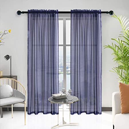 Anjee Sheer Window Curtains, Rods Pocket Voile Fabric Drapes/Panels/Treatments for Living Room/Kitchen/Bedroom, 52” x 96”, Set of 2, Navy Blue