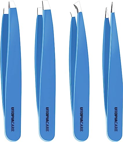 Utopia Care Professional Stainless Steel Tweezers Set (4-Piece) – Precision Tweezers for Ingrown Hair, Facial Hair, Splinter, Blackhead and Tick Remover - Blue