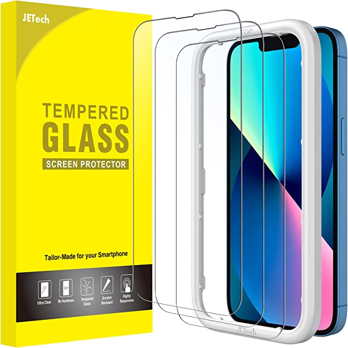 JETech Full Coverage Screen Protector for iPhone 13/13 Pro 6.1-Inch, Tempered Glass Film with Easy Installation Tool, Case-Friendly, HD Clear, 3-Pack