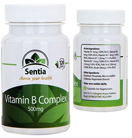 Best Vitamin B Complex x 120 tablets, PHARMACEUTICAL QUALITY, 100% RDA. Vitamins B1,B2, B3, B5, B6, B12, D-Biotin, Sentia Vitamin B-Complex is SUITABLE FOR VEGETARIANS - Improves Concentration, Stress, Anxiety & Memory. Alleviate Insomnia, Moodiness, Low Energy & Mild Depression. Also contains Folic Acid. Try our Vitamin-B today. 100% Satisfaction