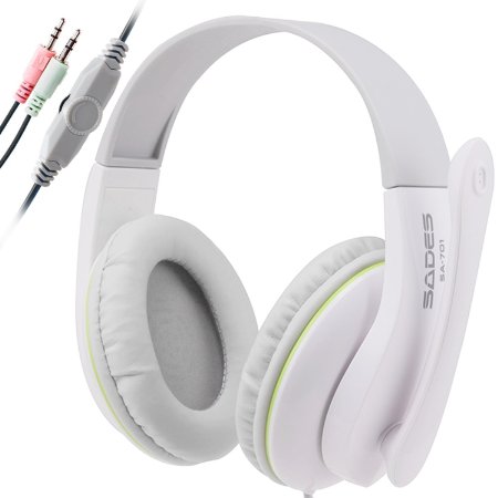 SADES SA701 3.5mm Stereo Headphones Headband PC Gaming Headset with High Sensitivity Microphone Volume Control for Desktop PC(White)