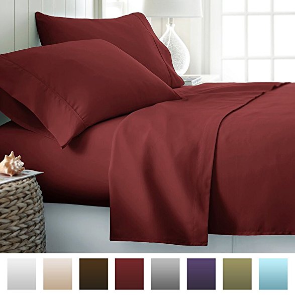 ienjoy Home Hotel Collection Luxury Soft Brushed Bed Sheet Set, Hypoallergenic, Deep Pocket, Twin, Burgundy