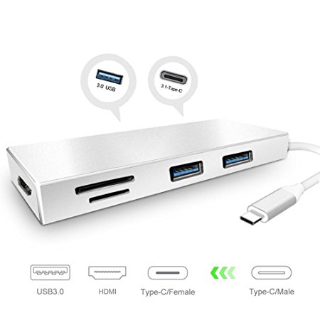 USB 3.0 Hub, Type C Adapter 3.1 Cable Fast Charging with USB C to HDMI PD, Dual USB 3.0 Port, 1 USB 2.0, TF / SD Card Reader, 7-in-1 USBC Hub for Macbook