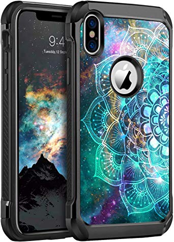 BENTOBEN iPhone X Case, iPhone Xs Case Slim Shockproof 2 in 1 Hard PC Soft Bumper Dual Layer Hybrid Luminous Noctilucent Protective Phone Cases Cover for iPhone X/XS 5.8 inch, Mandala in Galaxy