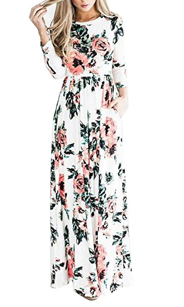 Pxmoda Women's Fashion Spring 3/4 Sleeve Classic Rose Maxi Dresses