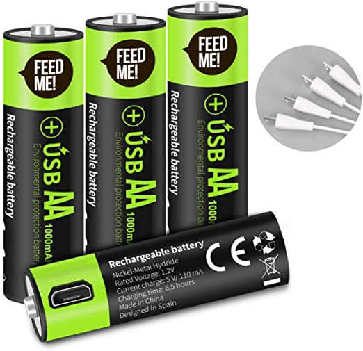 USB Rechargeable AA Batteries 1000mAh with USB Ports - High-Capacity Batteries Long-Lasting Power Recyclable Recharge Battery Cable-（4 Pack）