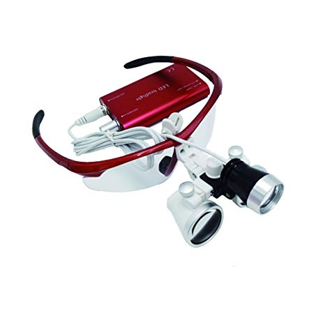 Dental Power Red 3.5x 420mm Surgical Medical Binocular Loupes Optical Glass LED Headlight