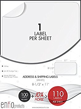 enKo [110 Sheets; 110 Labels] 8-1/2" x 11" Inches - White Full Sheet - Address, Mailing & Shipping Labels for Laser and Inkjet Printers (Self Adhesive) UPS USPS FEDEX
