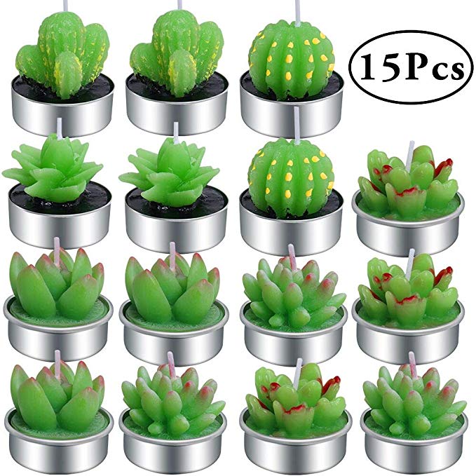 Outee 15 Pcs Cactus Tealight Candles Handmade Delicate Succulent Cactus Candles Flameless Aromatherapy 6 Designs for Birthday Party Wedding Spa Home Decoration