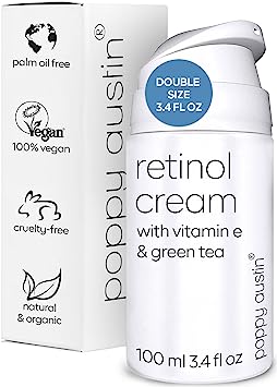 Poppy Austin Crema Retinol 100 ml -Retinol Puro Para la Cara, Vegano -Vitamina E Té Verde -Crema con Retinol Hidratante Orgánica para Rostro, Cuello y Escote - Natural, Libre de Crueldad, Hecha en USA