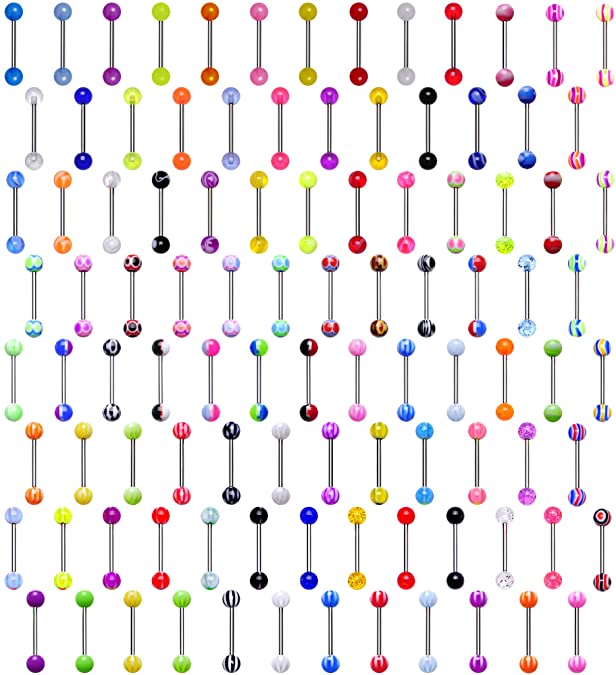 Body Candy 100 Different Stainless Steel UV Acrylic Ball Barbell Tongue Rings 14 Gauge 5/8"