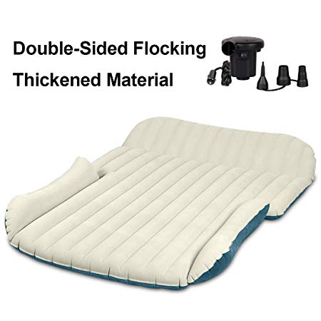 WEY&FLY SUV Air Mattress Thickened and Double-Sided Flocking Travel Inflatable Mattress Camping Air Bed Dedicated Mobile Cushion Extended Outdoor for SUV 4 Air Bags (Blue/Beige Without Pillows)