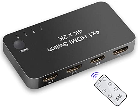 HDMI Switcher, 4 in 1 Out 4K 60Hz HDV HDMI 2.0 Switch Selector Box with IR Wireless Remote Control for HDTV Blu-Ray Player/DVD/DVR/Xbox PS4 etc.