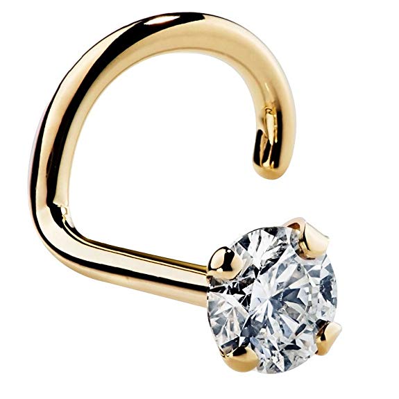 FreshTrends Genuine Diamond Nose Ring Stud 14K Yellow Gold Nose Ring Twist Screw I1 Clarity 20 Gauge