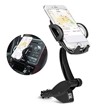 Car Phone Mount, 3-in-1 Cigarette Lighter Car Mount 360°Rotatable Universal Cell Phone Holder with Dual USB Ports Car Charger for iPhone X 8 8 Plus 7 7 Plus 6 Galaxy S9 Note 9 8 S8 and More (Black)