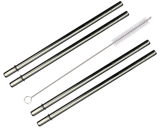 Medium Safer Rounded End Stainless Steel Metal Straws for Pint Mason Jars, Medium Cups, or Pint Glasses, 4 Pack   Cleaning Brush