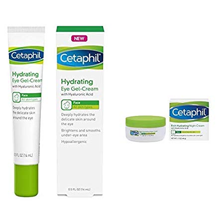 Cetaphil Hydrating Eye Gel-Cream 0.5 Fl. Oz with Rich Hydrating Night Cream with Hyaluronic Acid, 1.7 Ounce
