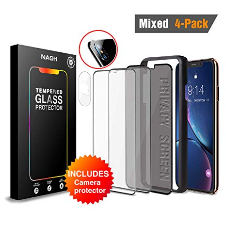 NASH Premium Screen Protector 4-Pack for iPhone Xs Max (6.5") [Includes Privacy Screen   Camera Shield] Japanese Asahi Glass - 1x LG Privacy Screen, 2X Transparent, 1x Camera Shield, 1x Fitting Frame