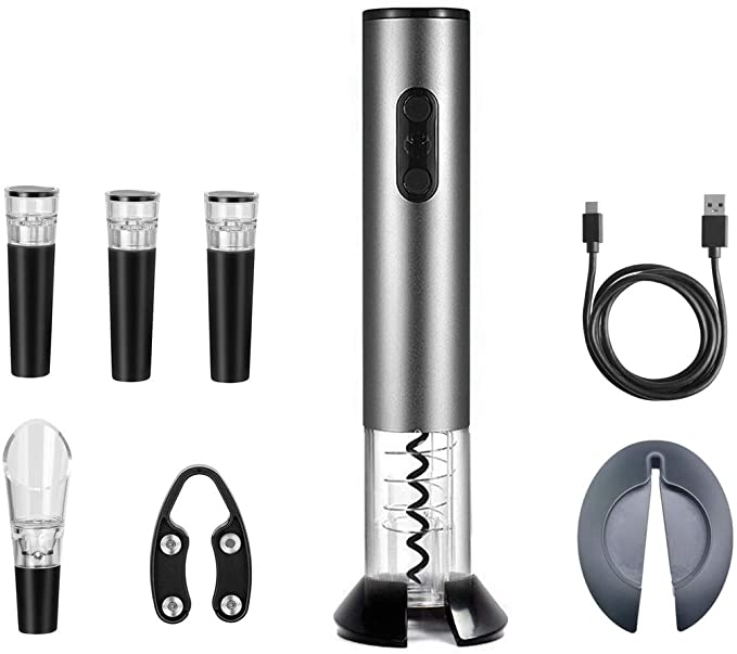 Electric Wine Bottle Opener Automatic Wine Opener Electric Corkscrew with Wine Pourer, Vacuum Wine Stoppers(3pcs), Base,Foil Cutter, USB C Charging Cable, Perfect Wine Gifts Set (Gray)