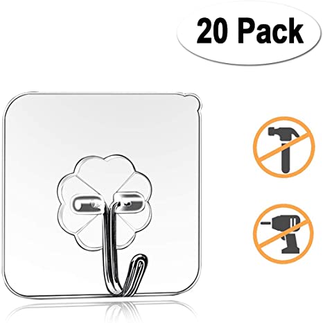 Adhesive Hooks Kitchen Wall Hooks, Heavy Duty 15lb(Max) Nail Free Sticky Hangers with Stainless Hooks Reusable Utility Towel Bath Ceiling Hooks-20 Packs