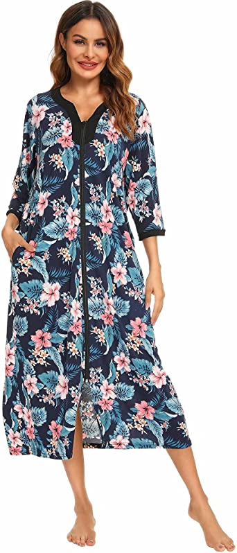 Bloggerlove House Dresses for Womens Robe Long Zip Up House Coat Half Sleeve Night Gowns Comfy Sleepwear Print Loungewear