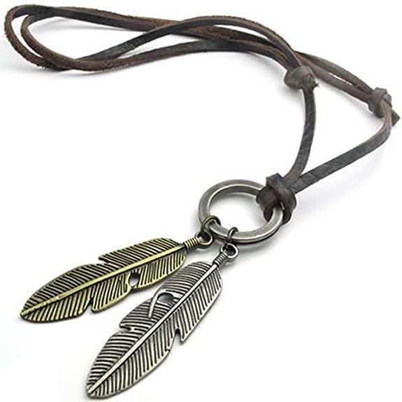 KONOV Vintage Angel Feather Pendant Leather Cord Mens Necklace Chain, Gold Silver Brown