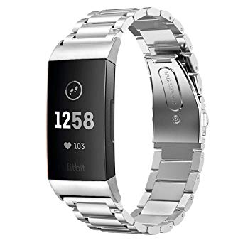Shangpule Compatible for Fitbit Charge 3 & Charge3 SE Bands, Stainless Steel Metal Replacement Strap Bracelet Wrist Band Accessories Women Man Large Small (Silver)