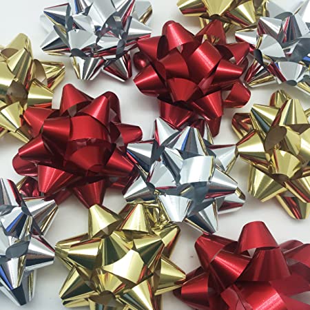 PEPPERLONELY Brand 12PC Peel & Stick Bright Metallic Foil Christmas Confetti Gift Star Bows 4-1/4", 3 Colors Assorted