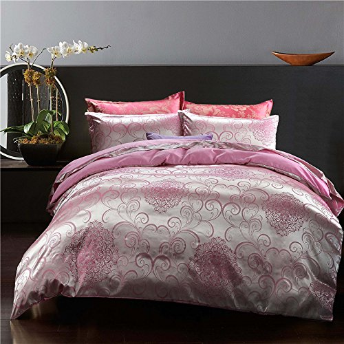 QzzieLife European Jacquard Luxury Cotton Silk Satin Duvet Cover Set 4PC Full Queen Size Bright Pink
