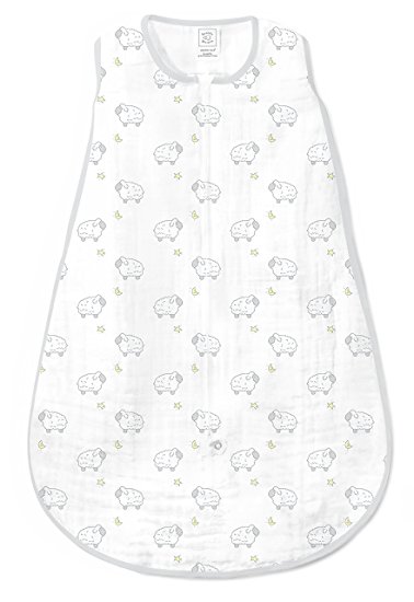 SwaddleDesigns Cotton Muslin Sleeping Sack with 2-Way Zipper, Sterling Little Lambs, Large
