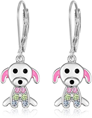 Kids Earrings - 925 Sterling Silver with a White Gold Tone Pink Enamel and Crystal Dog