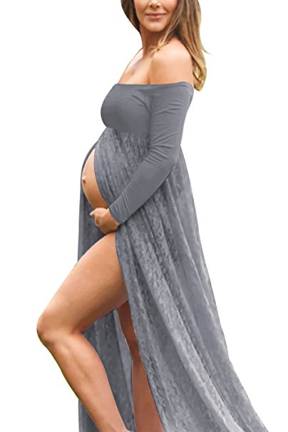 YUNF Maternity Off Shoulder Chiffon Gown Split Front Maxi Photography Dress For Photo Shoot