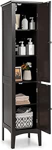 COSTWAY Tall Bathroom Storage Cabinet, 5-Tier Freestanding Linen Tower Cabinet with 2 Doors, Wooden Side Storage Organizer, Narrow Slim Floor Cabinet for Bathroom, Living Room, Kitchen (Brown)