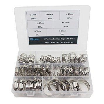 Didamx 60Pcs 1/4"-3/2" (6mm-38mm) Range Stainless Steel Adjustable Drive Hose Clamp Fuel Line Worm Clip