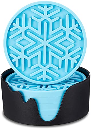 ME.FAN Silicone Coasters [6 Pack] Snow Drink Coasters with Holder - Cup Mat - Non-Slip, Non-Stick, Stay Put, Deep Tray - Prevents Furniture and Tabletop Damages(Blue)