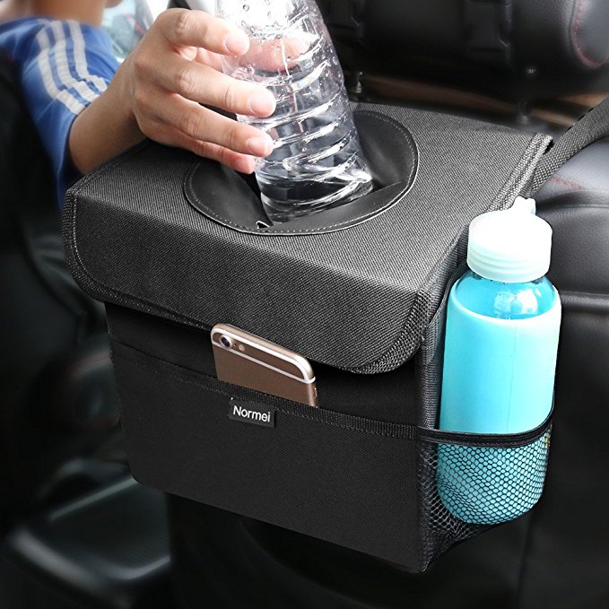Car Trash Bag Normei Waterproof Car Garbage Can with Lid and Storage Pockets, Collapsible Car Trash Can with Adjustable Strap Fits to Headrest Black