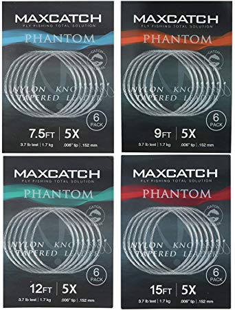 M MAXIMUMCATCH Maxcatch Fly Fishing Tapered Leader Line 6 Pack -Pre-Tied Loop- Tensile Strength- Abrasion Resistance- Low Memory 7.5ft/9ft/12ft/15ft, 0X-6X