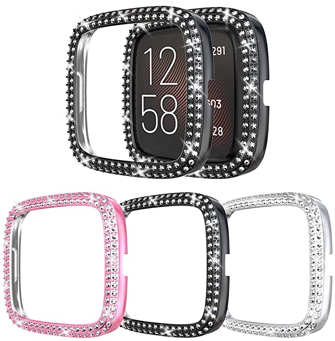 [3-Pack] Protector Case Compatible with Fitbit Versa 2 Cover, Bling Double Row Crystal Diamonds PC Plated Bumper Frame Smartwatch Accessories (Black Silver Pink, Versa 2)