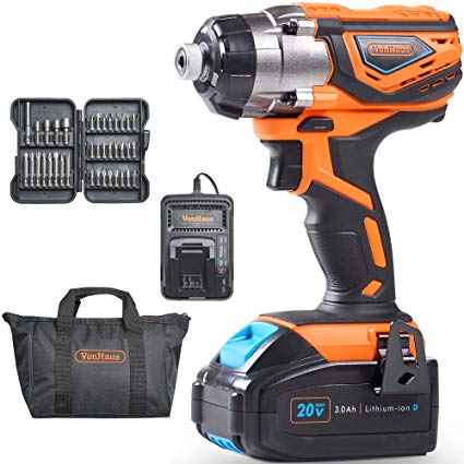 VonHaus 20V Cordless 1/4" Impact Driver Set with 3000 RPM Speed, LED Light and 37pc Driver Bits - 3.0Ah Battery and Charger Kit Included