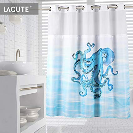 Lagute SnapHook Coastal Hookless Shower Curtain | Removable Liner | See Through Top | Weight Added Thicker Liner | Machine Washable | Octopus