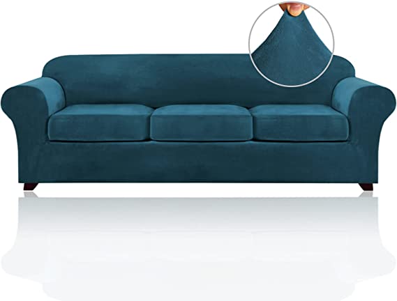 4 Pieces Sofa Covers Stretch Velvet Couch Covers for 3 Cushion Sofa Slipcovers Thick Soft Sofa Covers with 2 Non Slip Straps Furniture Covers with 3 Individual Seat Cushion Covers (X-Large, Deep Teal)