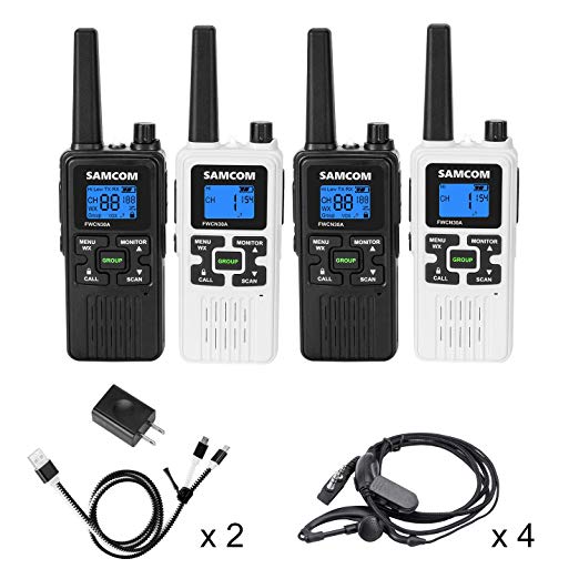 SAMCOM FWCN30A Two Way Radio 22 Channels with NOAA Weather Alert, Rechargeable Handheld FRS Walkie Talkie with Flashlight/LCD Display/Call Tone/Group (4 Packs) (Black/White)