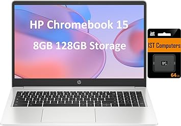 HP Chromebook 15 15.6" HD (Intel Pentium N6000, 8GB RAM, 128GB Storage (64GB eMMc   64GB SD Card), UHD Graphics, Numeric KB) Home & Student Laptop, Anti-Glare, Webcam, Wi-Fi, Chrome OS, Silver