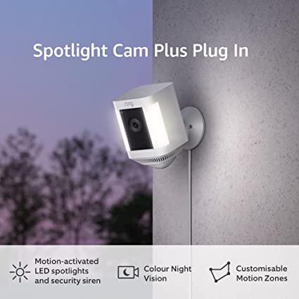 Ring Spotlight Cam Plus Plug-In by Amazon| Outdoor Security Camera 1080p HD Video, Two-Way Talk, Night Vision, LED Spotlights, Siren, alternative to CCTV system, 30-day free trial of Ring Protect