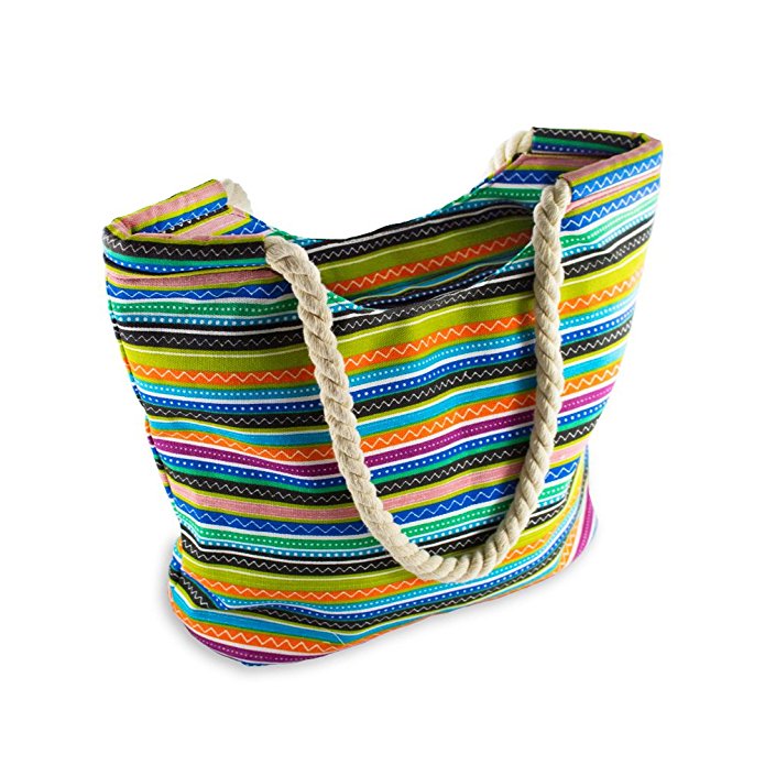 Medium Sized Boho Beach Bag for Women - Bohemian Tote Bag with Rope Handles and Inner Zipper Pocket from Moskus Gear