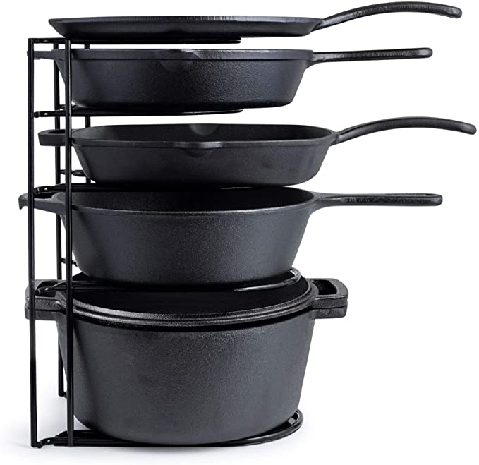 Heavy Duty Pan Organizer, Extra Large 5 Tier Rack - Holds Cast Iron Skillets, Dutch Oven, Griddles - Durable Steel Construction - Space Saving Kitchen Storage - No Assembly Required - Black 15.4-inch