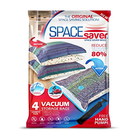 Space Saver SpaceSaver Premium Vacuum Storage Bags Variety 4 Pack (1 x Small, 1 x Medium, 1 x Large, 1 x Jumbo) Bags, Free Hand Pump for Travel