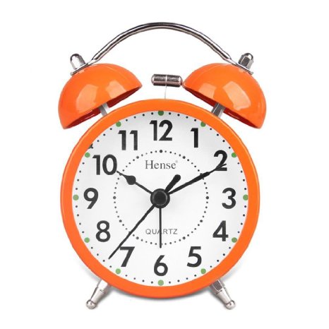 HENSE Classical Retro Twin Bell Mute Silent Quartz Movement Non Ticking Sweep Second Hand Bedside Desk Analog Alarm Clock with Nightlight and Loud Alarm HA01 (Orange)
