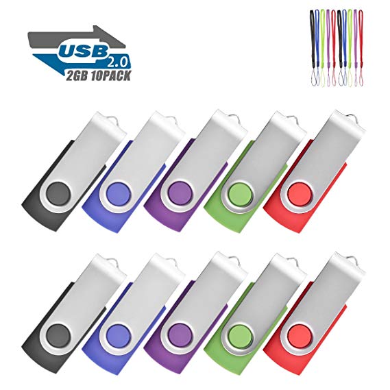 10Pack 2GB USB 2.0 Thumb Flash Drives Swivel Design Pen Memory Stick Fold Storage (Mixed Color With Lanyard)